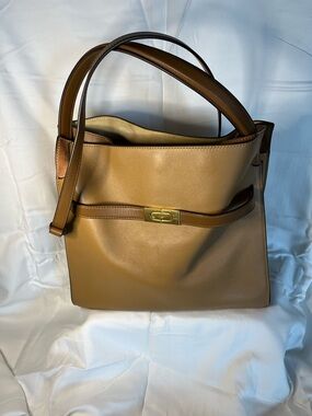 Tory Burch Lee Radzwill Saddle Brown Leather Shoulder Bag with Gold Hardware